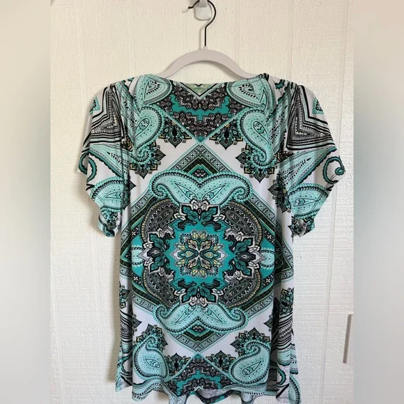Style and Company Turquoise & Black Paisley Print Short Sleeve Top Size XL - Picture 2 of 5